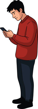 Cartoon person standing and using smartphone, mobile technology engagement illustration for communication, digital lifestyle, modern behavior, connectivity concept