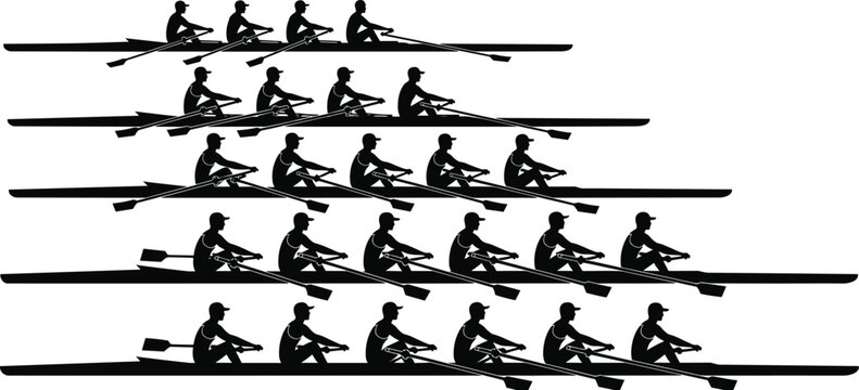 Rowing team silhouettes in triangular sequence, athletes in boats, synchronized rowing motion, creative vector artwork, modern sports design illustration