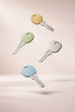 Colorful house keys floating on neutral background with copy space