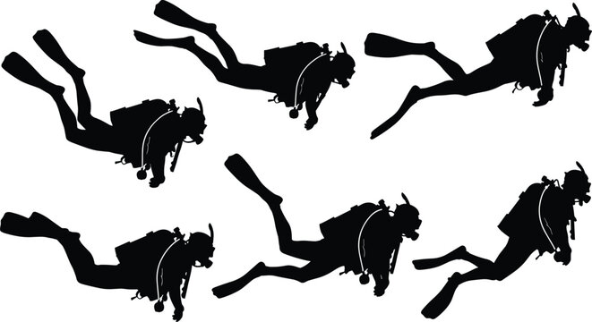 Scuba diver silhouettes swimming underwater, fins, tanks, masks, aquatic exploration, marine lifestyle, diving sport vector illustration design