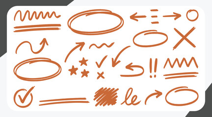 Line pen red highlight arrow set. Line pen hand drawn marker stroke red underline, check mark, emphasis. Arrow, star, round frame marker scribble stroke icon elements. Vector illustration © Ringgoku
