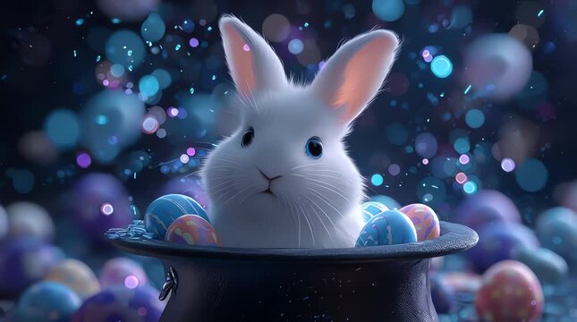 Cute white rabbit popping out of a hat cartoon illustration