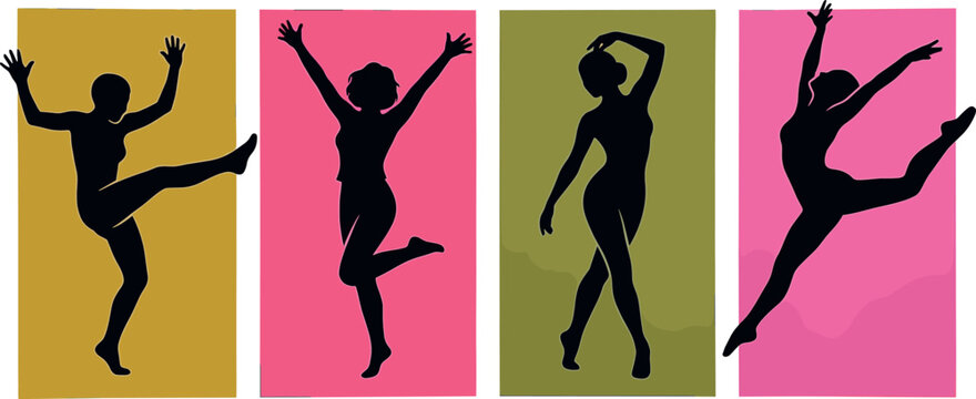 Silhouette vector illustration of dancers in dynamic poses, vibrant colored backgrounds highlighting energy, rhythm, and artistic movement expression