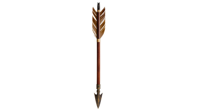 Vintage wooden arrow with golden brown feathers and metallic arrowhead, perfectly isolated PNG on transparent background, traditional archery equipment
