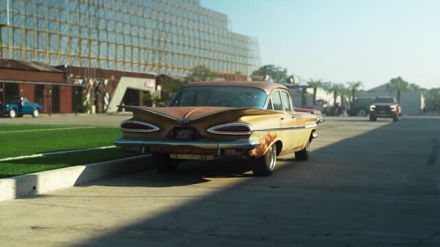 Retro yellow car standing on asphalt road at sunset