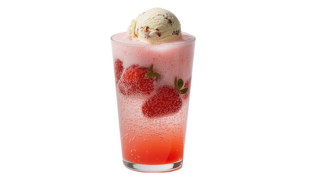 Refreshing strawberry soda float with creamy vanilla ice cream and whole red berries, isolated PNG on transparent background, a sweet summer drink