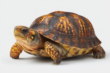 Obraz premium A box turtle, with a distinctive shell pattern of brown and yellow, is centered against a plain white background
