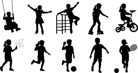 Fototapeta premium Silhouettes of children playing outdoors, swinging, cycling, roller skating, running, sports activities, fun recreation, exercise, social interaction vector art