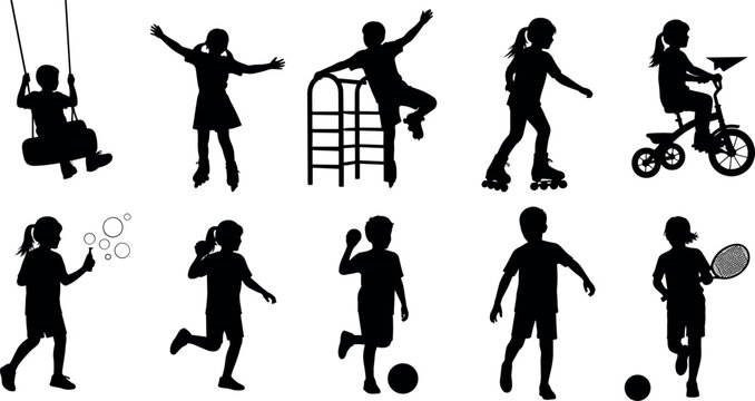 Silhouettes of children playing outdoors, swinging, cycling, roller skating, running, sports activities, fun recreation, exercise, social interaction vector art