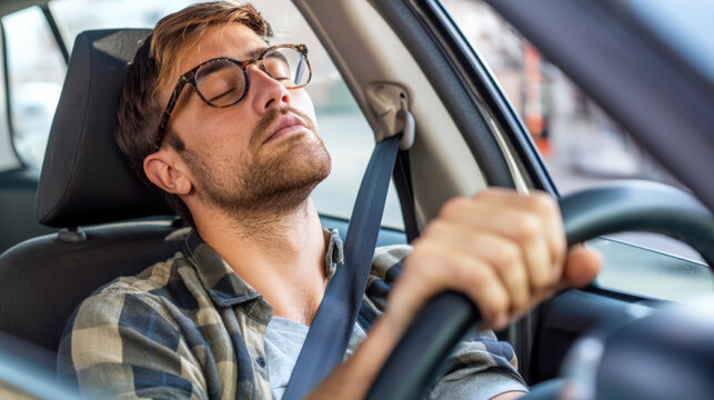 Young Man Sleeping Behind the Wheel While Driving a Modern Car created with Generative AI Technology, ai, generative