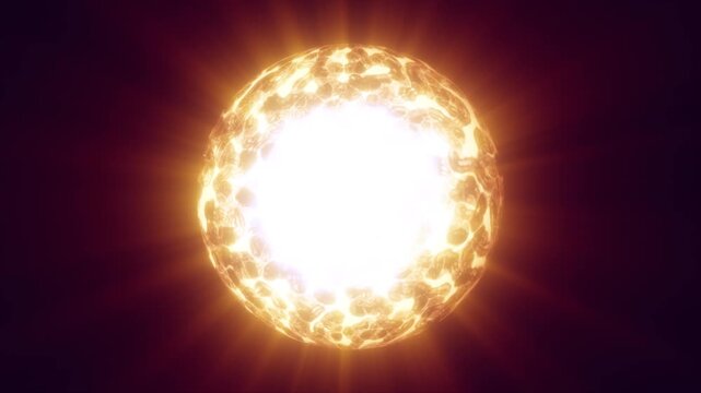 Brilliant solar sphere with blazing white center and fiery outer shell emitting powerful rays in deep space