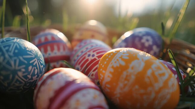 Colorful Easter eggs in a decorated basket for a festive spring celebration