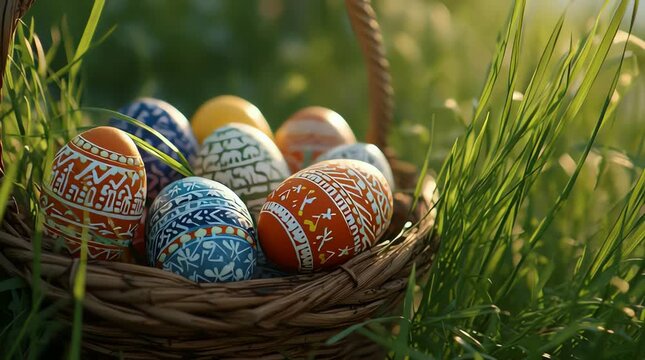 Colorful painted Easter eggs in a basket on green grass celebrating spring tradition