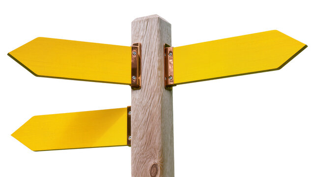 Wooden signpost with three blank yellow arrow signs pointing in multiple directions, symbolizing choice and future path decisions, isolated PNG