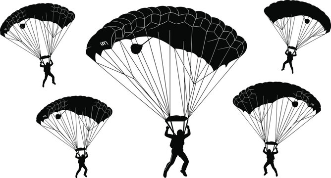 Silhouette collection of parachutists descending, open parachutes, group jump formation, vector illustration for design, cataloging, classification, SEO optimization