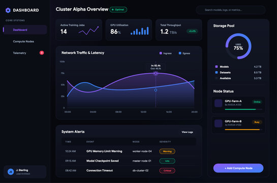 AI cluster dashboard UI with GPU monitoring, network latency, throughput, and storage analytics. Dark mode interface for machine learning infrastructure, DevOps systems, and cloud computing platforms.