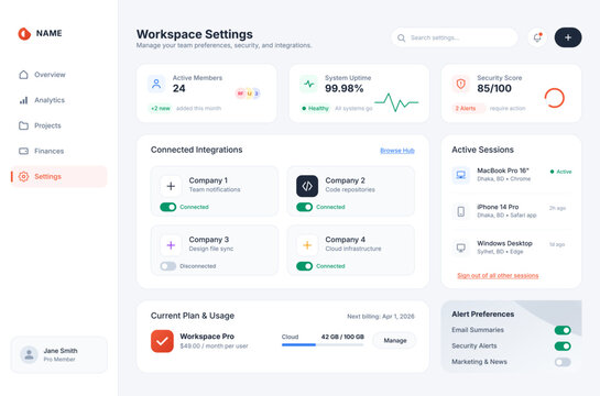 Workspace settings dashboard UI showing active members, system uptime, security score, connected integrations, active sessions, and usage plan. Modern admin interface managing workspace configuration