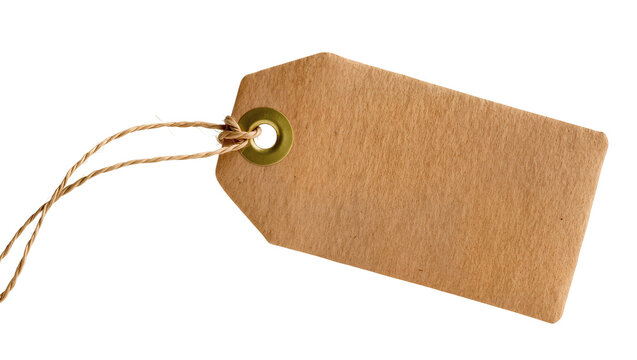 Blank brown kraft paper gift tag with natural twine string and brass eyelet, perfectly isolated on transparent background for various design projects PNG