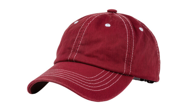 Casual red baseball cap with white stitching, a classic fabric accessory for sports and everyday wear, isolated on transparent background PNG