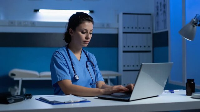 Nurse working on laptop during night shift in hospital environment showing focused healthcare professional indoors