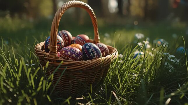 basket filled with colorful easter eggs in a natural spring holiday setting
