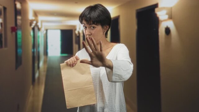 Woman holding paper bag with palm out in stop gesture in a building hallway; refusal protectiveness caution.