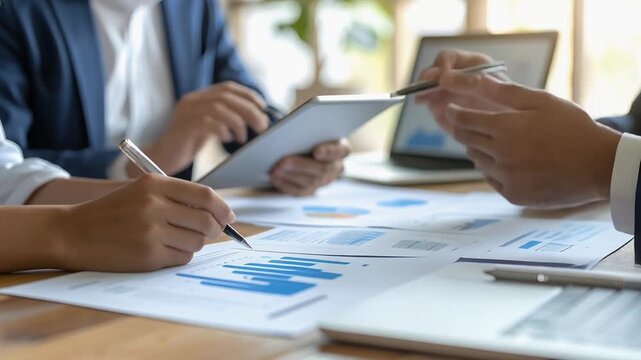 Close up of business professionals hands reviewing charts and graphs on table showing data driven corporate analysis