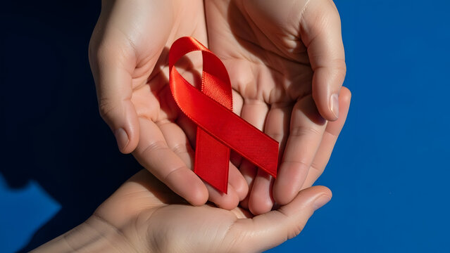 World health day hands holding red ribbon for hiv awareness and global health initiatives