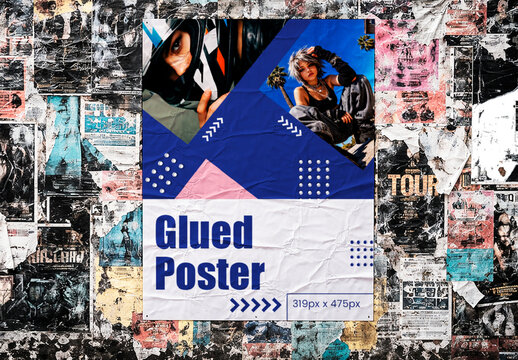 Grunge Glued Poster Wall Mockup