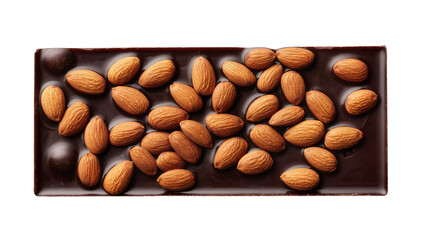 Obraz premium Delicious dark chocolate bar generously topped with whole roasted almonds, a gourmet sweet treat isolated on a clean background