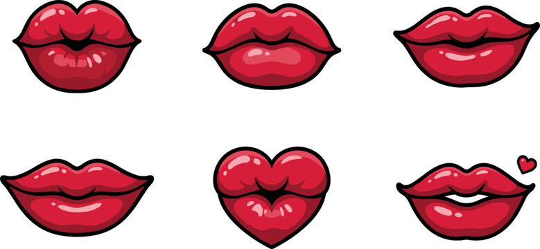 cartoon lips icon set, vector collection of female mouth expressions with lipstick kiss smile and heart shape isolated on transparent background