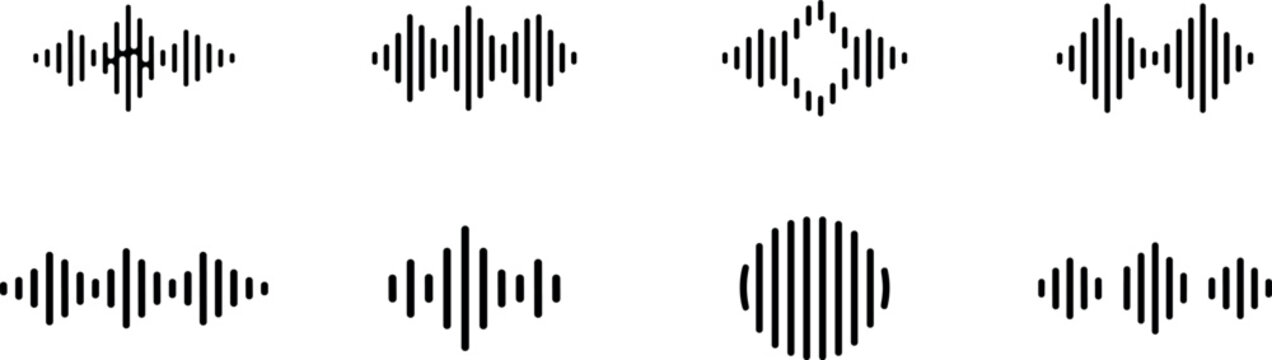 audio waveform icon set, vector sound signal equalizer and music visualizer elements isolated on transparent background