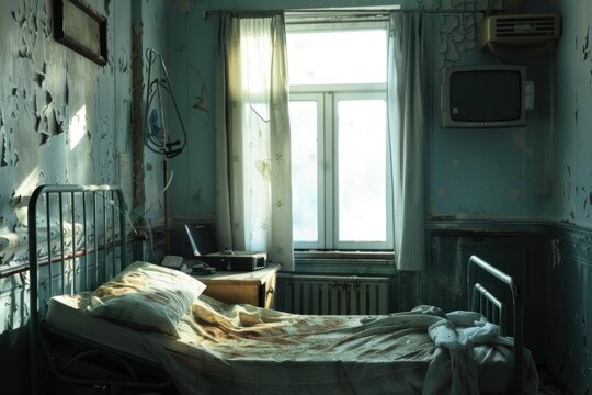 Sunlight illuminates a decaying hospital room, highlighting a stained bed and an old television set, evoking a sense of abandonment and neglect
