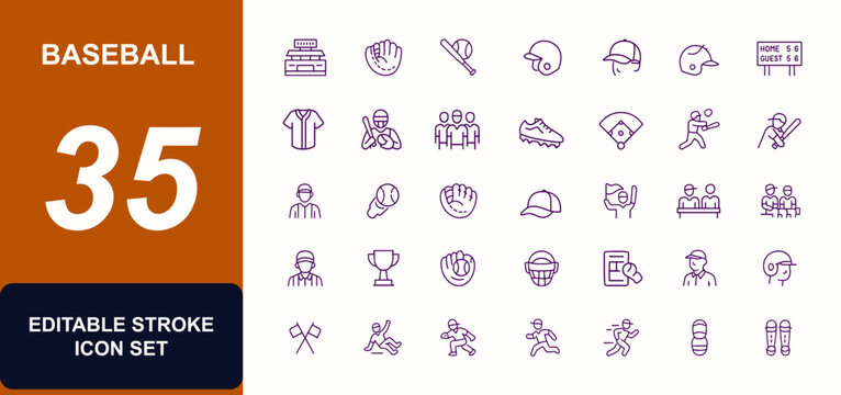 Baseball Vector Icon Set, Bat, Glove, Ball, Helmet, Cap, Stadium, Scoreboard, Pitcher, Catcher, Team, Cleats, Field, Coaching, Championship, Umpire, Victory, Fans, Run, Adjustable Line Weight