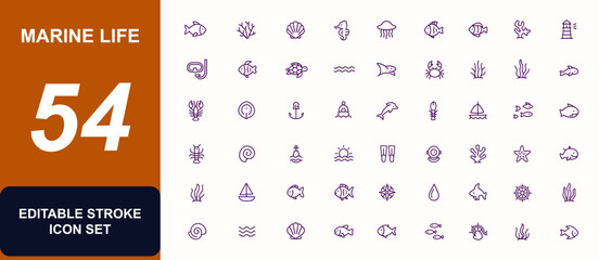 Marine Life Vector Icon Set, Ocean Creatures Icons with Adjustable Line Weight, Fish, Coral, Seahorse, Starfish, Jellyfish, Anchor, Lighthouse, Snorkeling, Diving, Reef, Wildlife, Beach, Ecology © Icons studio