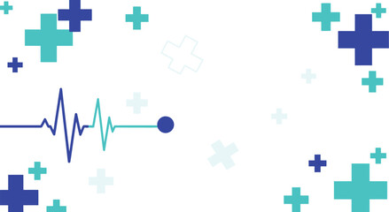 Obraz premium Abstract blue and teal medical cross pattern frames a minimalist heartbeat line on a white background for healthcare.