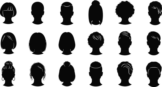 Silhouettes of diverse hairstyles on human heads, vector illustration showing hair length, texture, styling variations for fashion, beauty, and design use