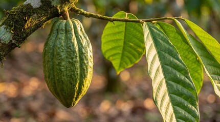 Fototapeta premium A green cacao pod hanging from a tree branch with vibrant leaves in a lush forest