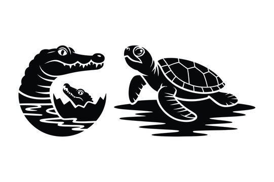 Vector silhouette of alligator and baby hatching from egg with sea