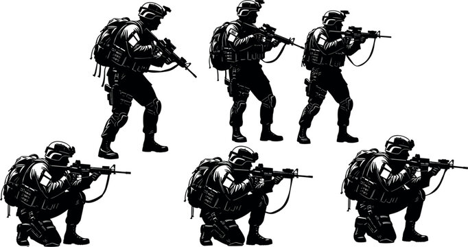 Silhouette icons of soldiers, tactical stances, combat readiness, military posture, armed forces coordination, field operation vector illustration design