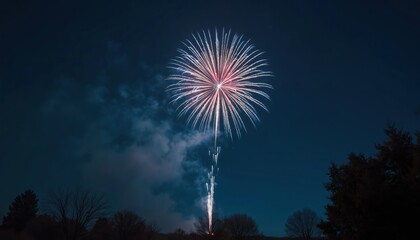 Naklejka premium Bright firework explodes in dark night sky. White sparks with red blue highlights burst over silhouetted trees. Smoke trails form light patterns during celebration.