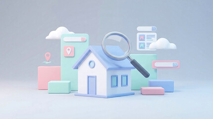 Obraz premium a house with a magnifying glass on top of it and various icons around