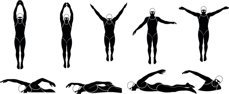 Silhouette icons of swimmer performing backstroke technique, arm positions, horizontal motion, aquatic sports training vector illustration design