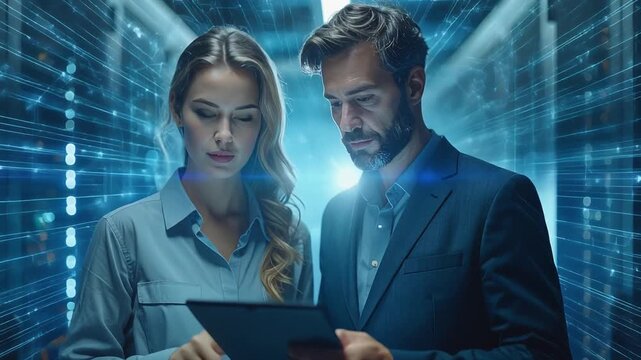 Two technology professionals reviewing data on tablet inside server room showing focused IT collaboration scene