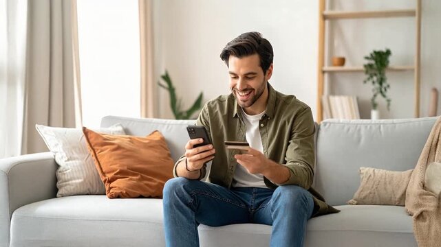 Young adult man sitting on sofa using smartphone and credit card showing online payment and digital lifestyle at home