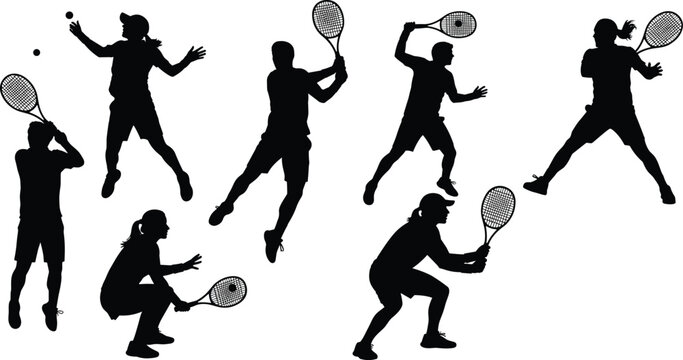 Silhouette icons of tennis players in action poses, serving, hitting, striking ball, dynamic sports movement, athletic body language vector illustration