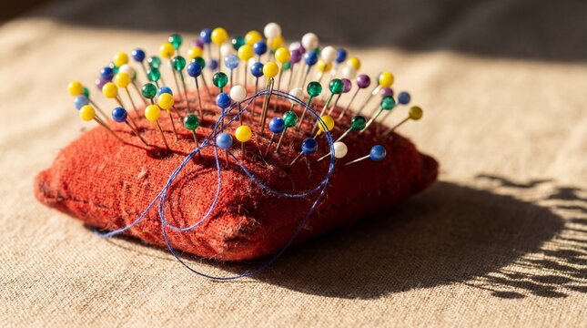 A vibrant pincushion with colorful pins and thread on a fabric surface