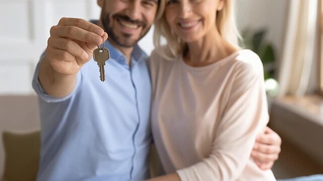 Middle aged couple smiling while holding house keys indoors showing successful property purchase and stable lifestyle