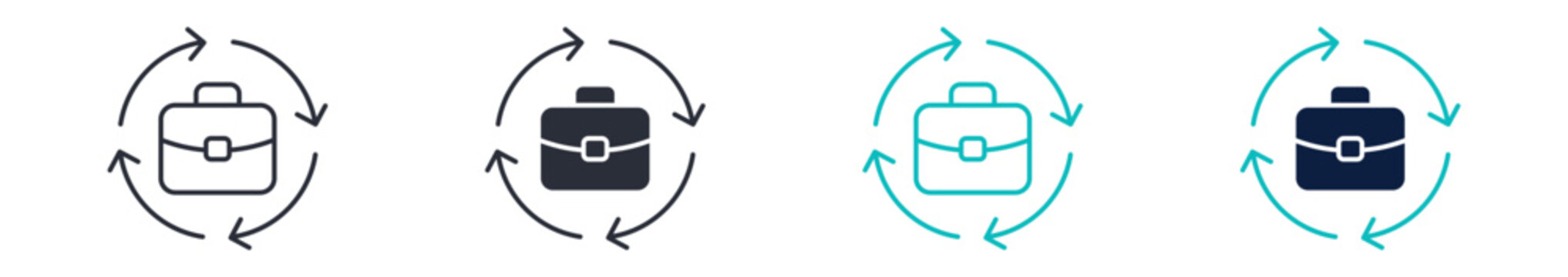 Business cycle icons, briefcase with circular arrows symbol, workflow loop and process cycle icon in line and silhouette style, vector illustration