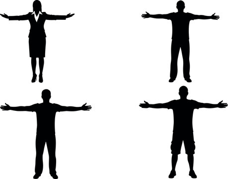 Silhouettes of people in T-pose stance, showing formal and casual attire differences, posture comparison, and body modeling